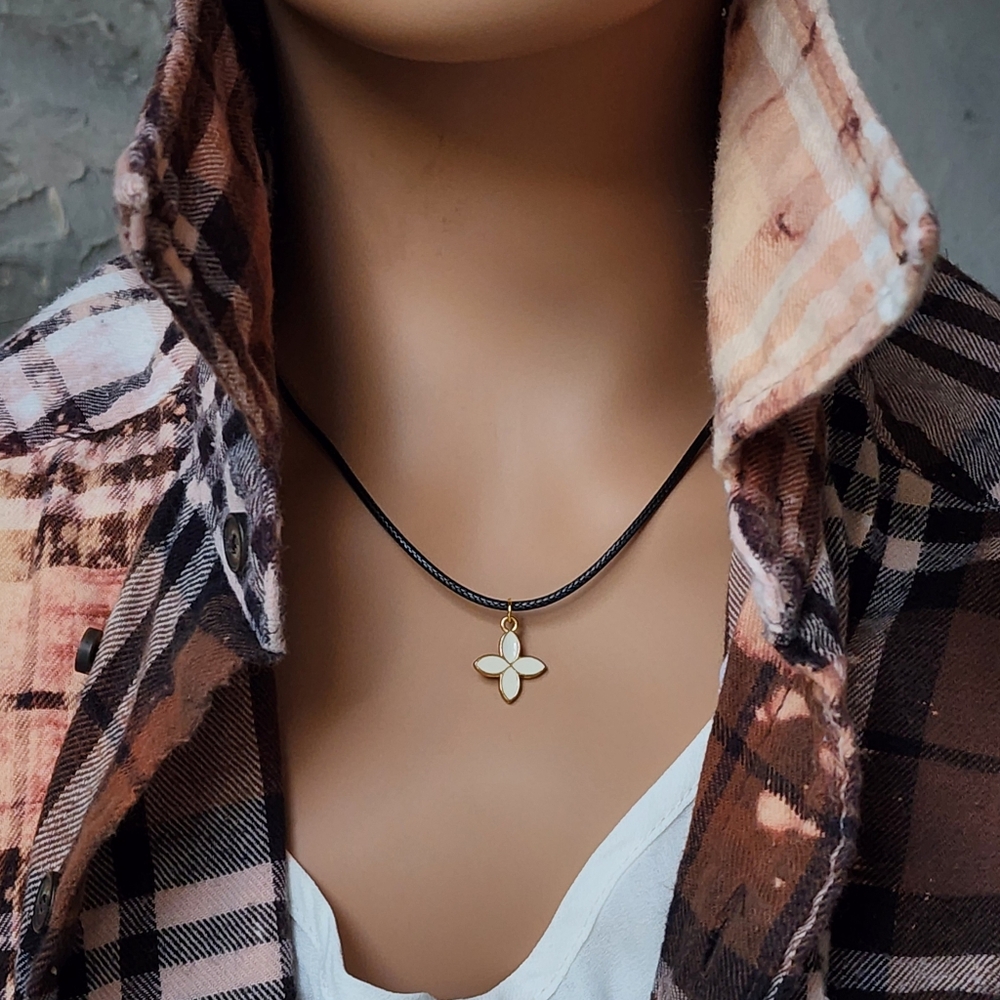 Minimalist Dainty Tender Golden Louis Like Flower Pendant Black Cord Necklace